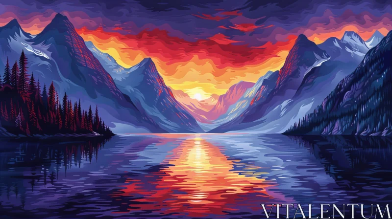 Mountain Lake Sunset Landscape AI Image