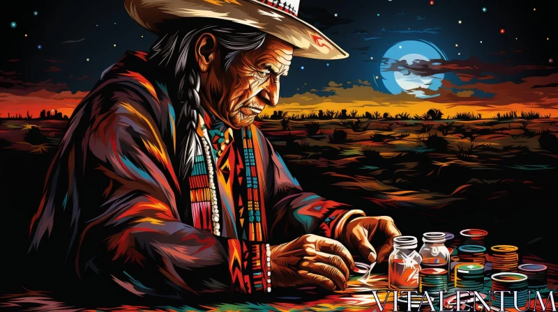 Native American Man Poker Painting Under Full Moon AI Image