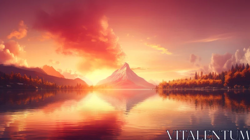 AI ART Serene Mountain Landscape with Lake and Sunset