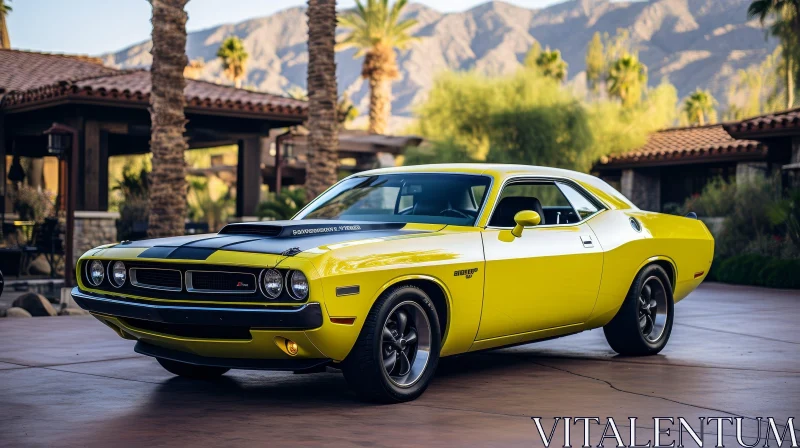 Yellow 1970 Dodge Challenger R/T Muscle Car in Sunny Setting AI Image