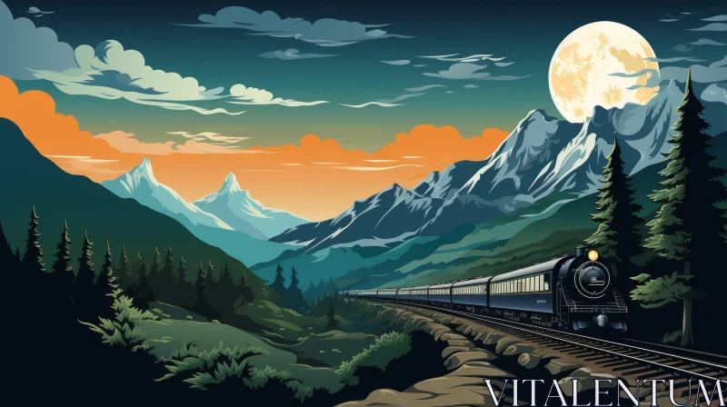 Train in Mountain Valley Illustration AI Image