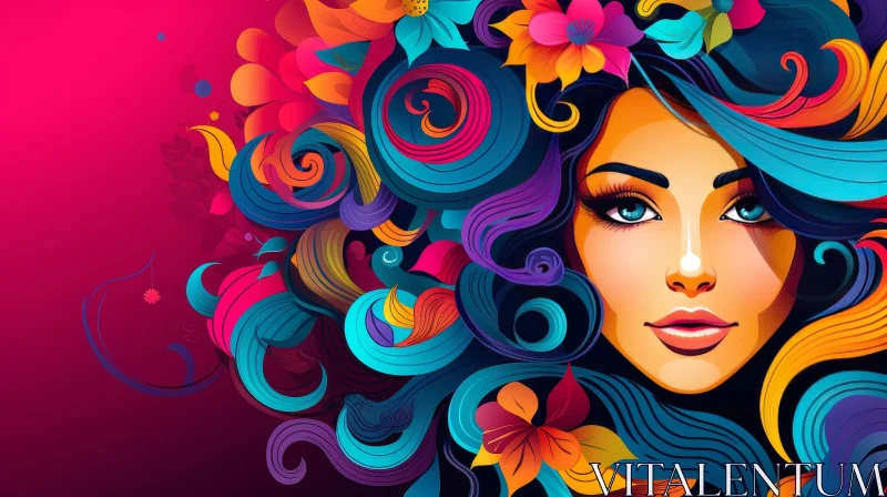 Whimsical Woman's Face Illustration with Flowers AI Image
