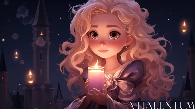 Young Girl with Candle in Front of Medieval Castle AI Image