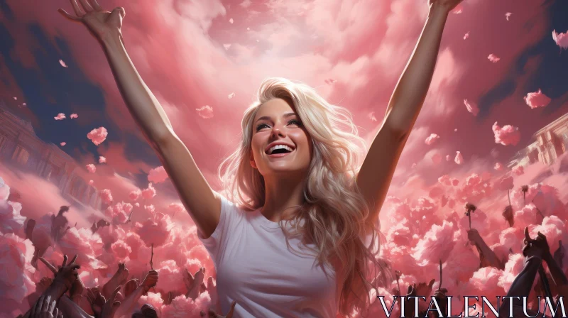 Young Woman in Pink Cotton Candy Field AI Image