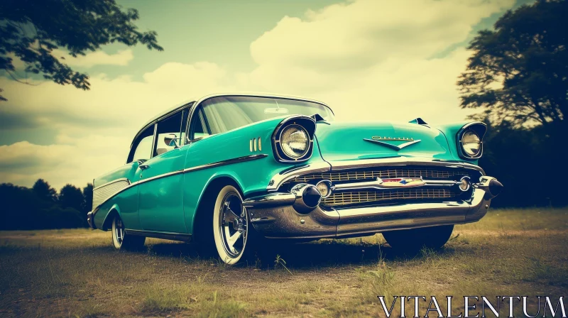 1957 Chevrolet Bel Air Classic Car on Green Field AI Image