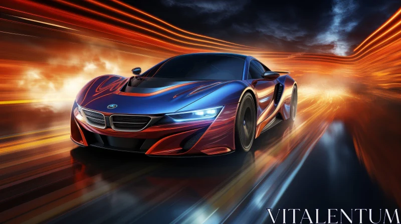 AI ART Blue and Orange Sports Car Speeding Painting