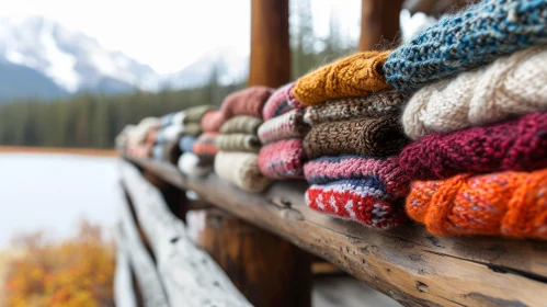 Colorful Knitted Sweaters on Wooden Railing: Serene Mountain Landscape