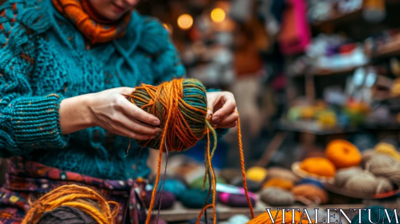 Colorful Yarn Craft: Woman Holding a Ball of Yarn in a Market AI Image