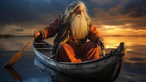 Elderly Man in Boat at Sunset on Lake