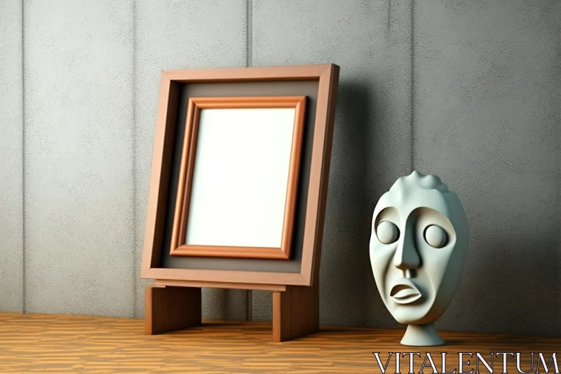 AI ART Empty Picture Frame with Wooden Sculpture - Stylized Portraiture