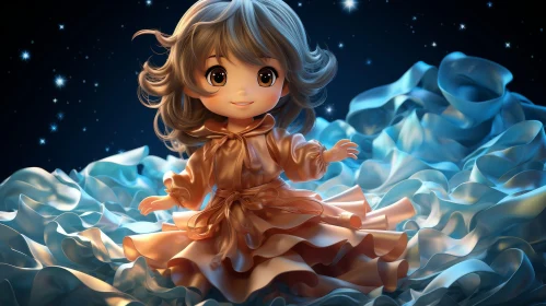 Enchanting Anime Girl in Golden Dress on Cloud with Stars