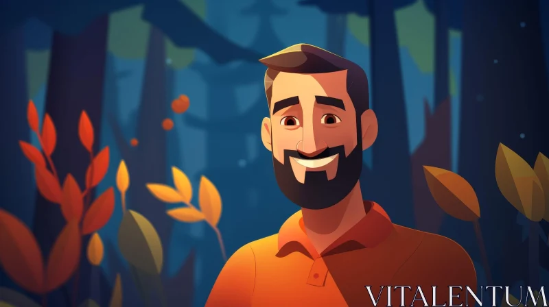 AI ART Friendly Cartoon Man in Orange Shirt Among Trees