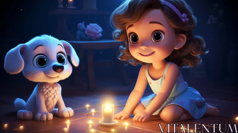 Girl and Puppy Cartoon Illustration