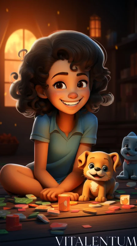 AI ART Girl Playing with Puppy Cartoon Illustration