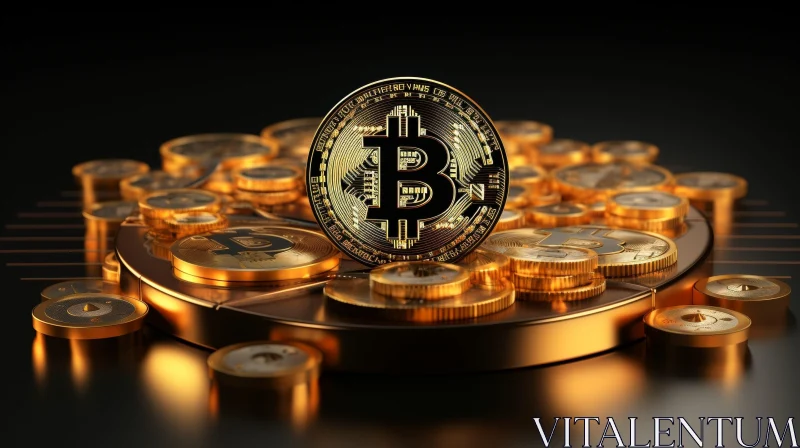 AI ART Gold Bitcoin Coin 3D Rendering - Futuristic Dark Design
