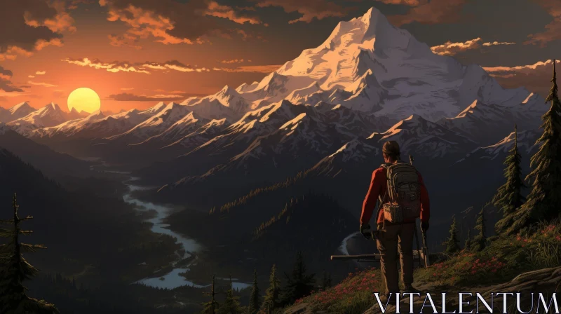 Hiker at Sunset on Mountaintop AI Image