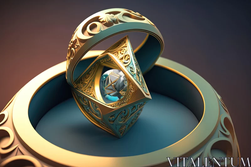 Intricately Designed Golden Ring in a Blue Crystal Box AI Image