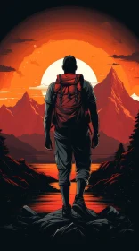 Man Standing on Rock by Lake at Sunset Illustration