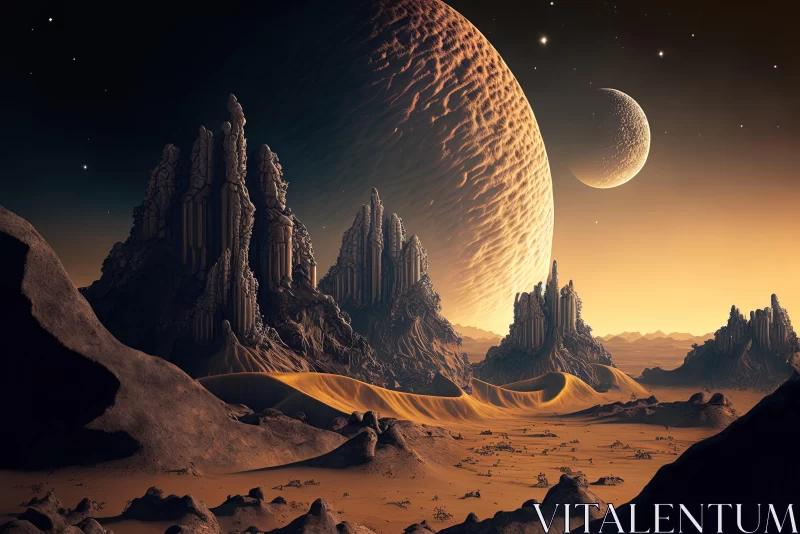 Mysterious Desert Scene with Planets and Stones | Surreal Art AI Image