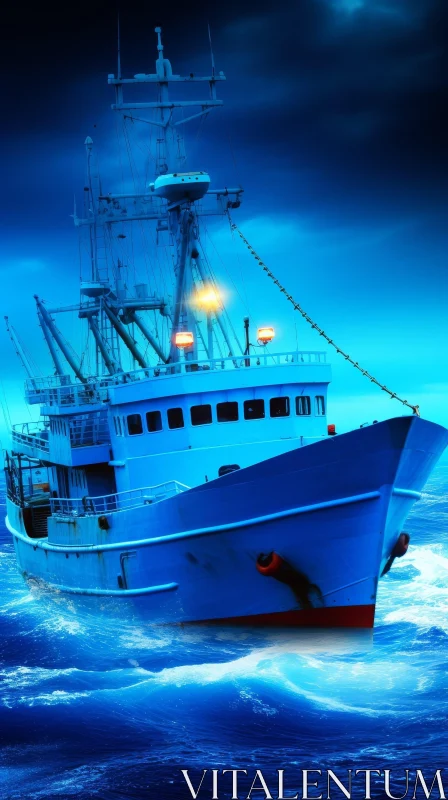 AI ART Night Fishing Boat Battling Waves Digital Painting