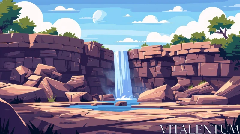 Rocky Canyon Waterfall Illustration AI Image