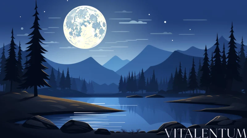 Serene Lake and Mountain Landscape at Night AI Image