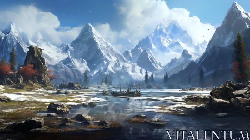 AI ART Serene Mountain Landscape with Snow-Covered Peaks and Lake