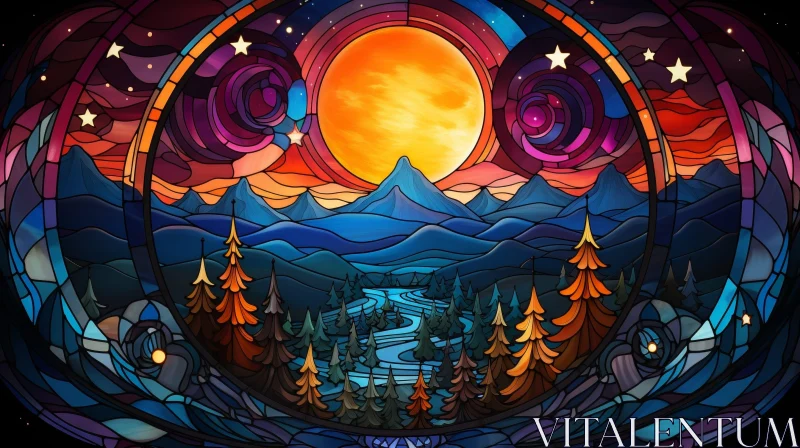 Serene Stained Glass Mountain Landscape Artwork AI Image