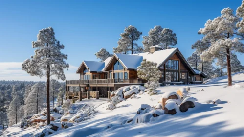 Serene Winter Landscape with Wooden House