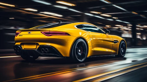 Speeding Yellow Sports Car in Dark Tunnel