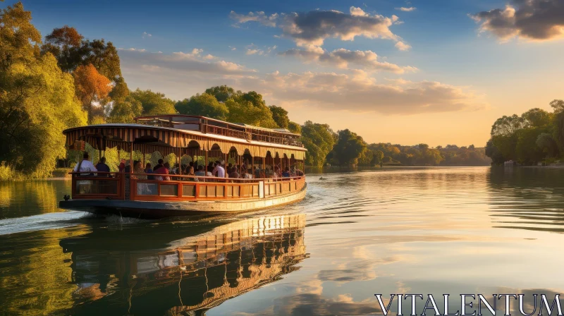 Tranquil River Sunset Boat Scene AI Image