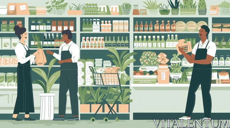 Cartoon Illustration of a Grocery Store with Customers and Store Clerk AI Image