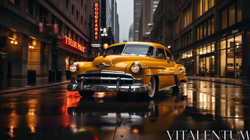 Classic Yellow Car on Wet City Street at Night AI Image