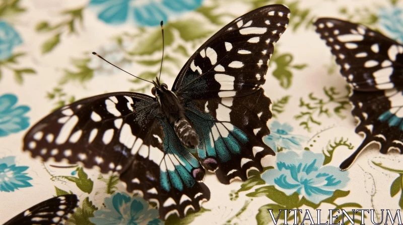 Close-Up of a Black and Blue Butterfly on a Floral Tablecloth AI Image