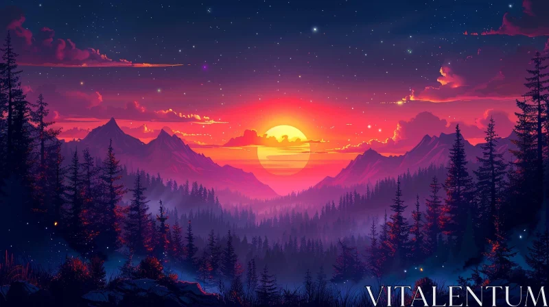 Enchanting Forest Sunset Landscape AI Image