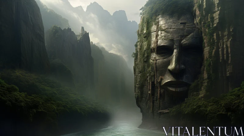 AI ART Enigmatic Stone Head in Jungle Landscape