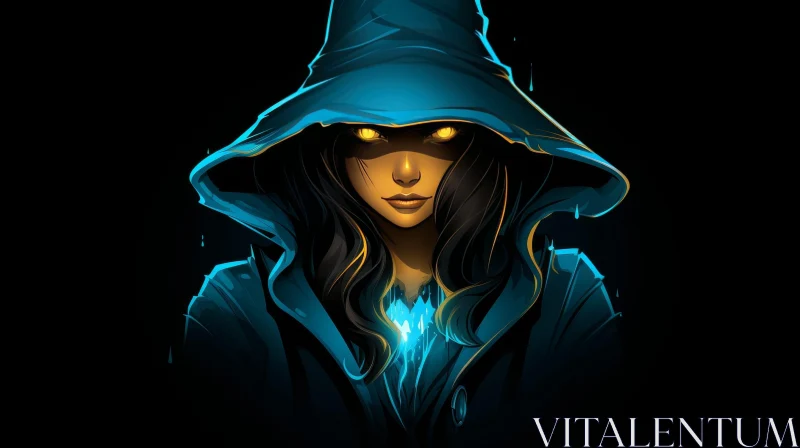 Enigmatic Woman in Blue Hood - Digital Painting AI Image