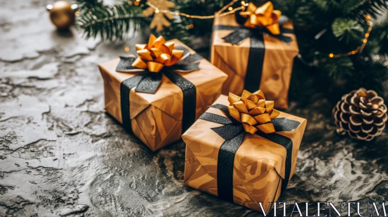 Joyful Christmas: Beautifully Wrapped Gifts on Dark Marble Table AI Image