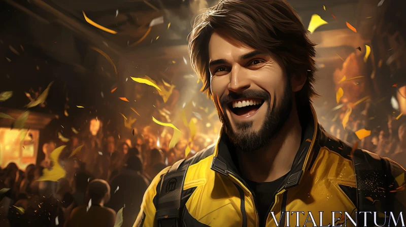 Joyful Young Man in Yellow Jacket Amidst Confetti AI Image