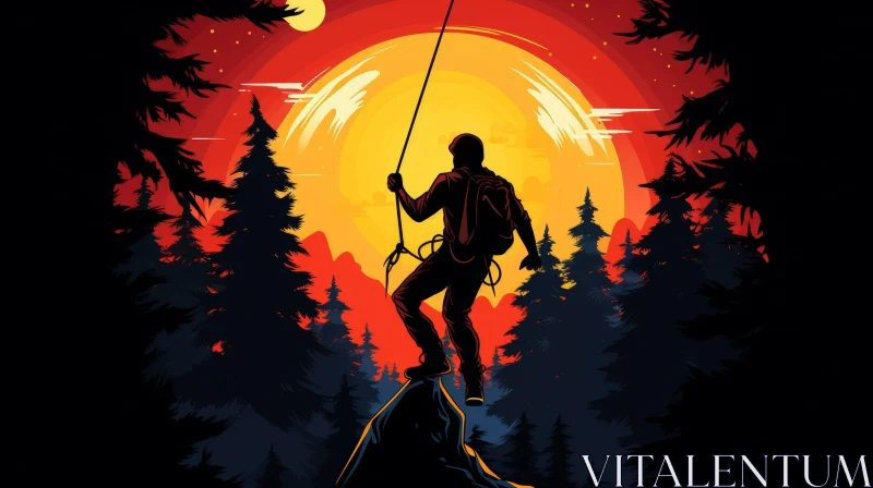 Rock Climber Rappelling Down Cliff at Sunset AI Image