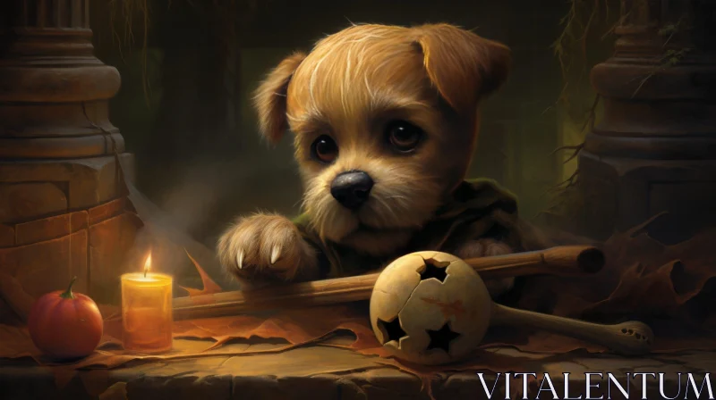 Sad Puppy Digital Painting in Dark Forest AI Image