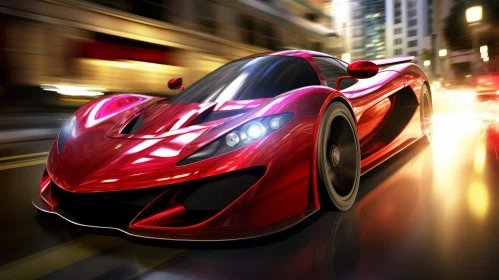 Speeding Red Sports Car in Night City Scene