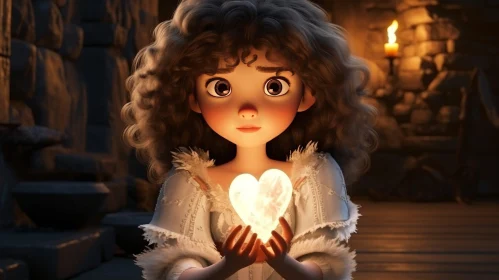 Surreal 3D Rendering of a Young Girl Holding a Glowing Heart