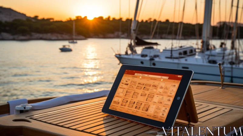 Tablet on Wooden Table with Seascape at Sunset AI Image