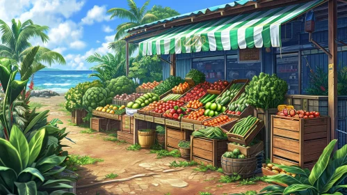 Vibrant Farmer's Market on a Tropical Beach - Digital Painting