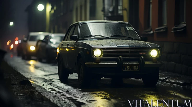 Vintage Car Night Scene in City Street AI Image