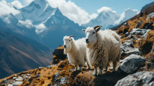 White Mountain Goats on Rocky Slope - Majestic Nature Scene