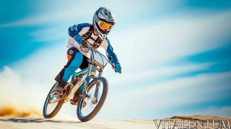Young Male Cyclist Mountain Biking Downhill with Blue Sky Background AI Image