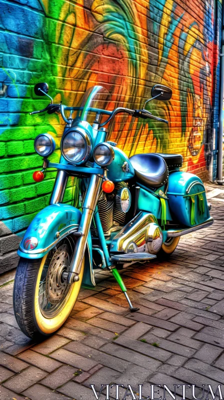 Blue Motorcycle Parked in Front of Colorful Brick Wall AI Image