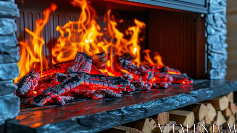 AI ART Burning Fireplace - A Captivating Image of Vibrant Flames and Glowing Embers